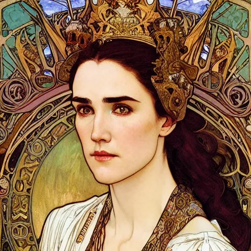 Prompt: realistic detailed face portrait of Jennifer Connelly as a beautiful young medieval queen by Alphonse Mucha, Ayami Kojima, Amano, Charlie Bowater, Karol Bak, Greg Hildebrandt, Jean Delville, and Mark Brooks, Art Nouveau, Gothic Revival, Pre-Raphaelite, Neo-Gothic, gothic, rich deep moody colors