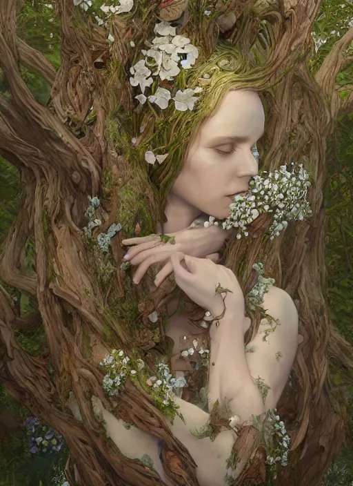 Image similar to dryad, pure white, naturel, hyper detailed, digital art, trending in artstation, cinematic lighting, studio quality, smooth render, unreal engine 5 rendered, octane rendered, art style by klimt and nixeu and ian sprigger and wlop and krenz cushart