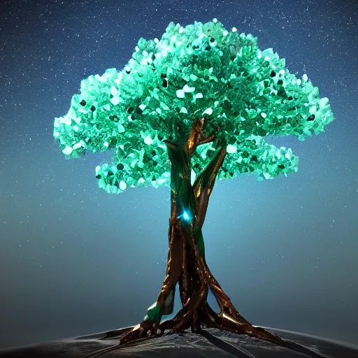 Image similar to dioptase crystal tree with a starry sky, 4 k, trending on artstation