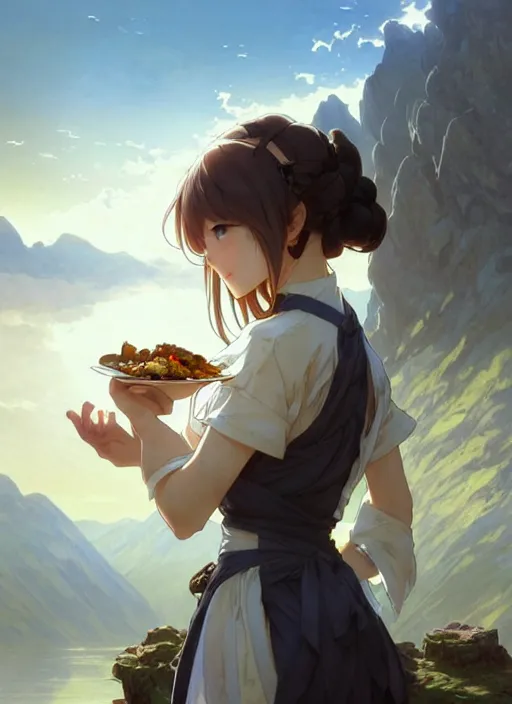 Image similar to concept art by artgerm, cute anime girl eating her dinner, cold natural light, intricate, elegant, highly detailed, mountain background with houses and river, digital painting, artstation, concept art, smooth, sharp focus, illustration, art by greg rutkowski and alphonse mucha and uang guangjian and gil elvgren, symmetry!!