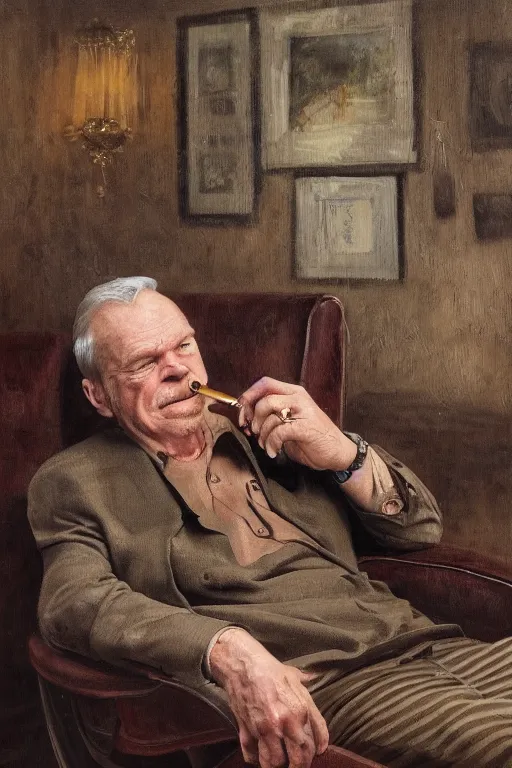 Image similar to retired barney, sitting in a lounge, sipping whiskey and smoking a cigar, oil on canvas, intricate, portrait, 8 k highly professionally detailed, hdr, cgsociety