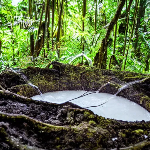 Image similar to pristine bath filled with bubbles in a clearfelled jungle, slash and burn