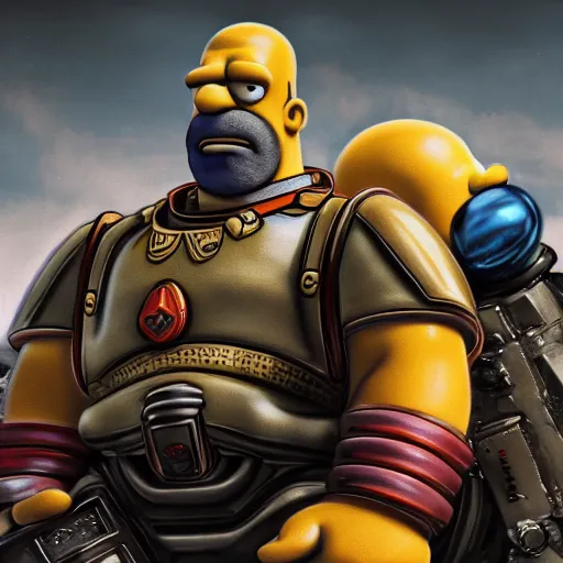 Image similar to Portrait of Homer Simpson as the emperor of humanity from warhammer 40k in Gears of War, splash art, movie still, cinematic lighting, dramatic, octane render, long lens, shallow depth of field, bokeh, anamorphic lens flare, 8k, hyper detailed, 35mm film grain