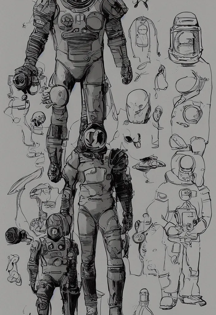 Image similar to male, heroic figure, space suit with a modern helmet, science fiction, sketch, character sheet, very stylized, upa style, digital art, illustration, pen and ink, digital painting, by mike mignola, by alex maleev