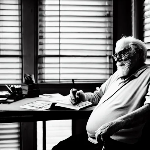 Prompt: Portrait of a very old grandpa sitting at a very old desk, with very old curtains in the room. The desk has a very old phone on it. Dusty air. Interview.