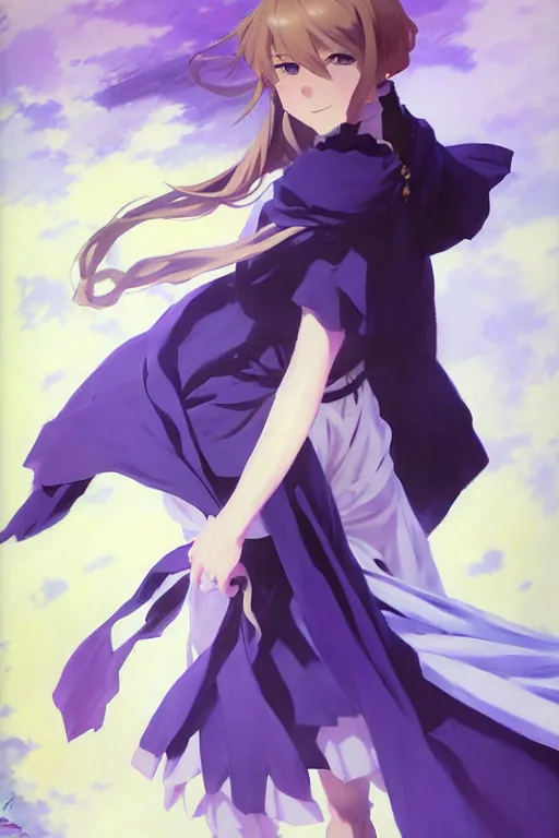 Image similar to greg manchess painting of anime art full body portrait character concept art, anime key visual of violet evergarden, trending on pixiv fanbox, violet evergarden