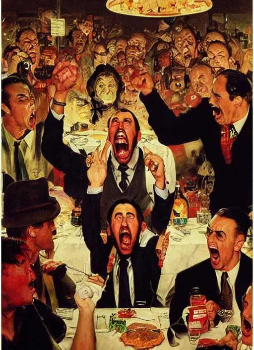 Image similar to full body and head portrait of nicholas cage screaming about crazy evil in a restaurant as everyone else looks puzzled, painted by norman rockwell and tom lovell and frank schoonover