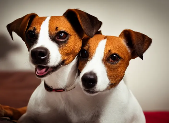 Image similar to photography of a Jack Russel . watching outside the window. on a bed. in a 70's room full of vinyls and posters, photorealistic, award winning photo, 100mm, sharp, high res