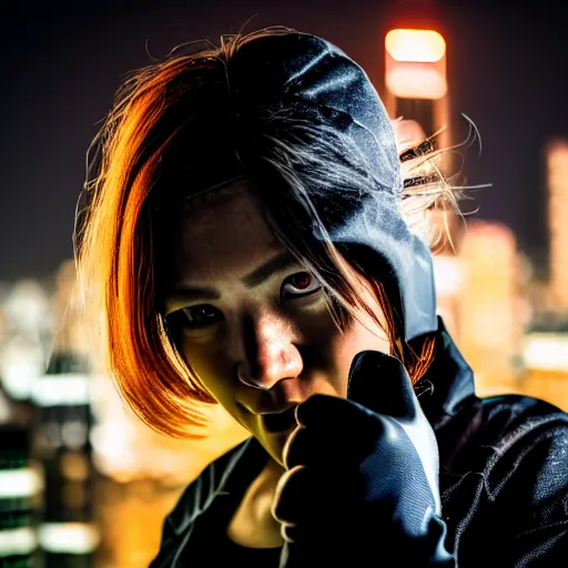 Image similar to photographic portrait of a techwear woman holding a bullet up to the camera, closeup, on the rooftop of a futuristic city at night, sigma 85mm f/1.4, 4k, depth of field, high resolution, full color, award winning photography, inspired by Kill Bill, inspired by John Wick, inspired by Die Hard, movies with guns, movie firearms