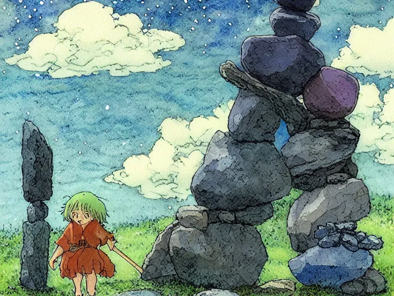 Prompt: a simple watercolor studio ghibli movie still fantasy concept art of a giant wizard playing with stones like they are toys in a tiny stonehenge. it is a misty starry night. by rebecca guay, michael kaluta, charles vess