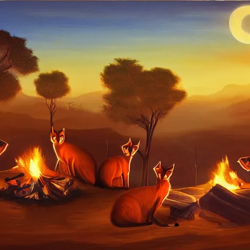 Image similar to group of cute caracals wearing red ties near campfire, one caracal playing a guitar, night, atmospheric lighting, painted, intricate, volumetric lighting, beautiful, rich deep colours masterpiece, golden hour, digital art