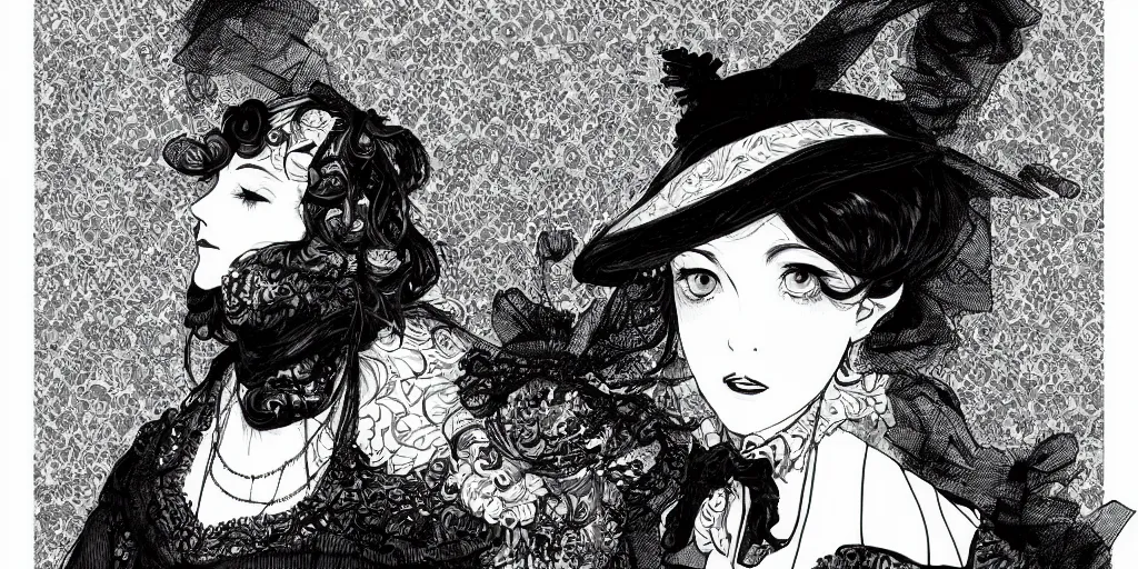 Prompt: Portrait a woman in Victorian clothing, Art by Yana Toboso, manga, black and white, japanese ink, high contrast, digital art