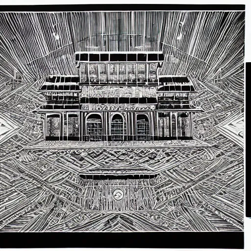 Prompt: Technical drawing of the temple made from abandoned graffiti architecture fused with color glitch fused with geo strata chart fused with broken floor plans, highly detailed , black and white color scheme, fine lines and graphite, stanley donwood,