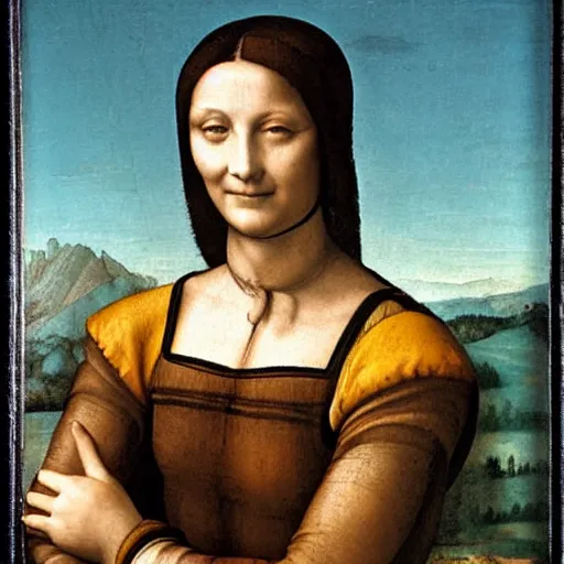Prompt: Portrait of a smiling Italian woman with arms crossed, against a distant landscape background, 1505. Oil painting by Leonardo da Vinci.