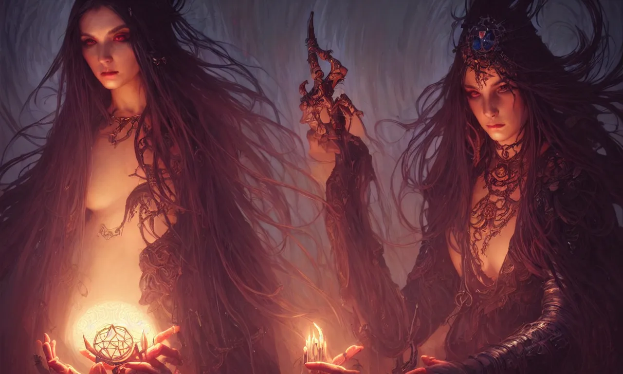 Image similar to Necromancer Sorceress in center, fantasy magic, undercut hairstyle, dark light night, intricate, elegant, sharp focus, illustration, highly detailed, digital painting, concept art, matte, art by WLOP and Artgerm and Greg Rutkowski and Alphonse Mucha, masterpiece