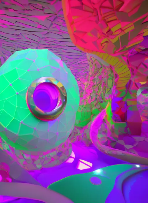 Prompt: : hyperbolic color abstract glossty shapes immersive experience meowwolf dalle2 macro lens 3d render unity unrealengine octane