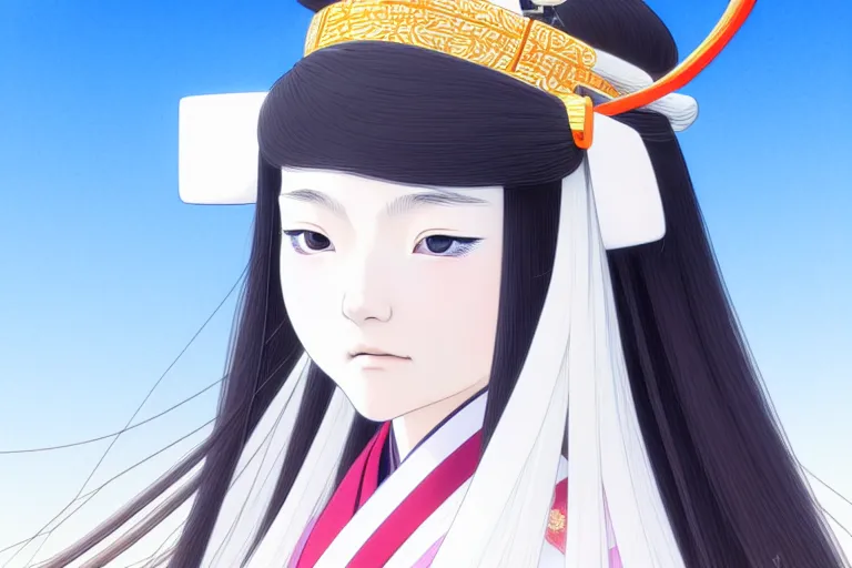 Image similar to portrait of a young japanese girl with long white hair in traditional clothing at a shinto shrine, fine detailed features, trending on pixiv fanbox, ilya kuvshinov makoto shinkai takashi takeuchi studio ghibli, akihiko yoshida, 4 k