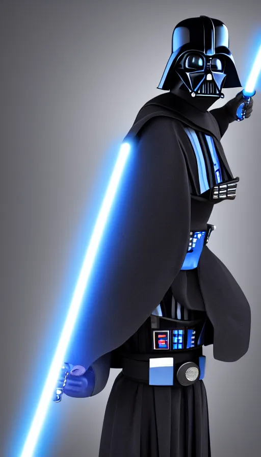 Image similar to A blue Darth Vader suit holding a blue lightsaber, 4k, dark background, 3d,