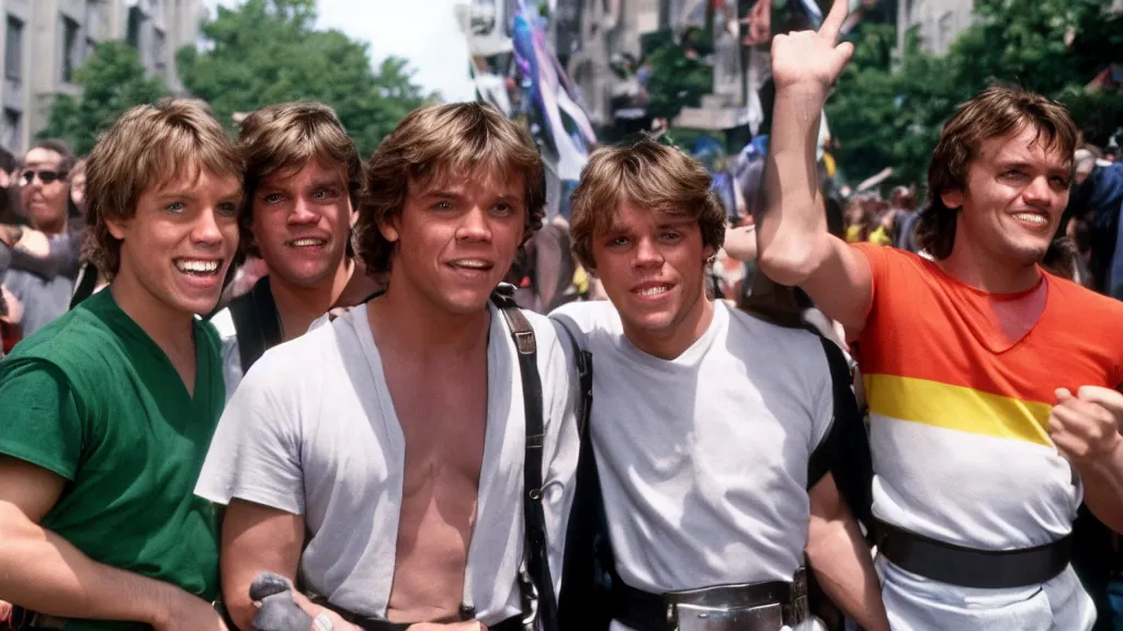 Image similar to rotj luke skywalker and the mandalorian go to pride, getty images, victorious, flags, parade, gay rights, bright smiles, daylight, twenty three year old luke skywalker and din djarin at gay pride, 3 5 mm photography, young mark hamill and pedro pascal, very happy, smiling