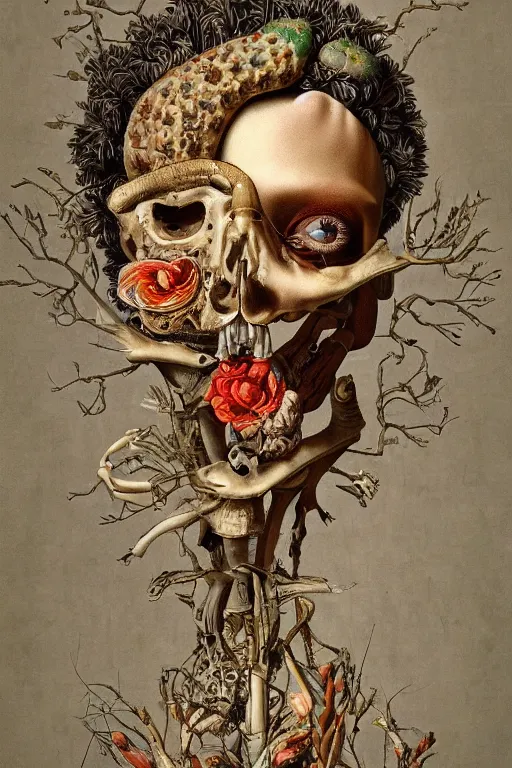 Image similar to Detailed maximalist portrait with large lips and with large, wide eyes, expressive, extra bones and flesh, HD mixed media, 3D collage, highly detailed and intricate, surreal, botany, illustration in the style of Caravaggio, dark art, baroque