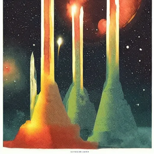 Image similar to tearless ancient cosmic candles, by karel thole, watercolor, trending on cgsociety