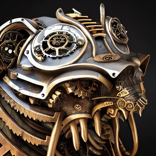 Image similar to steampunk ornate wolf mask made of engraved full plate armor and gears, Macro shot by Justin Gerard, unreal engine, physically based rendering