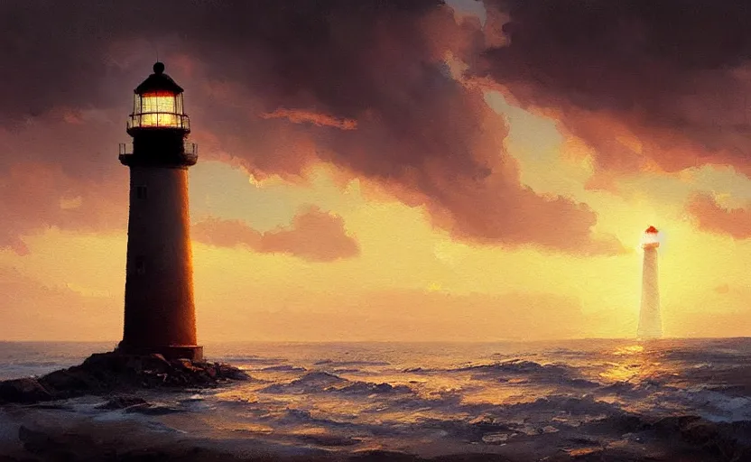 Prompt: oil painting of a lighthouse at sunset, natural light, concept art, by greg rutkowski, cozy atmospheric and cinematic lighting