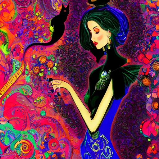 Image similar to A beautiful and mysterious woman in an intricate and colorful gown, with a black cat at her feet, digital painting, no blur, close up, details, sharp focus, elegant, highly detailed, trending on artstation, pixiv, and deviantart