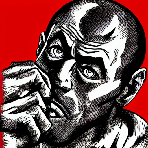 Image similar to Digital color ink drawing of Joe Rogan from JoJo's Bizzare Adventure, highly detailed, sharp focus, screentone shading, 1990 manga panel, trending on ArtStation, manga cover art drawn by Hirohiko Araki,