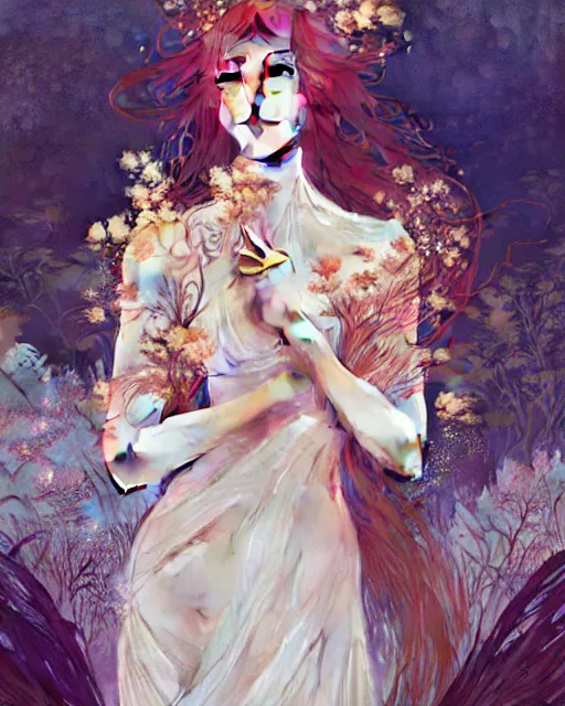 Image similar to Ethereal Floralpunk elysian Maiden of radiant light wearing ivory dress made of stardust masterpiece digital illustration by Ruan Jia and Ilya Kuvshinov, award winning, Artstation, art nouveau aesthetic, Alphonse Mucha background, intricate details, realistic, full view, Hyperdetailed, 8k resolution, Artstation, behance