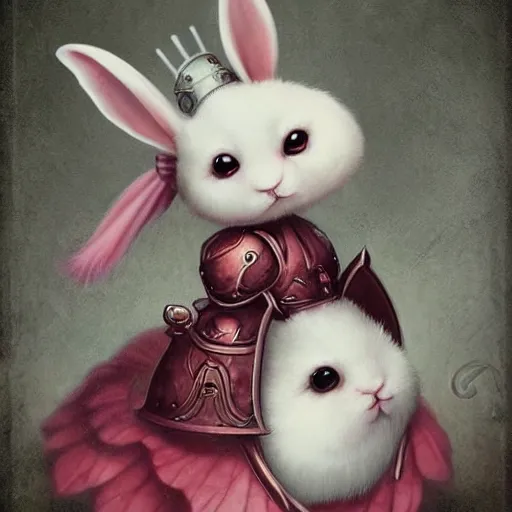 Prompt: a cute white rabbit knight, digital painting by Ross Tran and Mark Ryden, cute and lovely, high detail, nursery poster