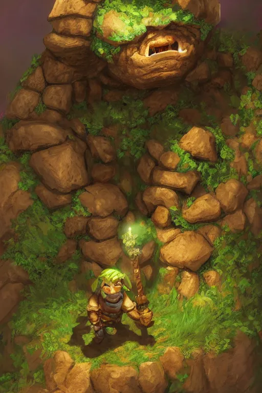 Image similar to zelda fantasy art giant golem troll wood rock, global illumination ray tracing hdr fanart arstation by sung choi and eric pfeiffer and gabriel garza and casper konefal