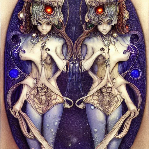 Image similar to detailed and sharp gemini artwork, mystic style, detailed, 8 k, detailed, symmetrical, by brian froud