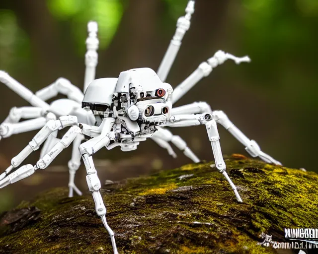 Image similar to photo of a white terminator spider with heavy duty biomechanical hydraulic cybernetic body with antennas and visor cogs and gears and components in the forest. cyberpunk horror style. highly detailed 8 k. intricate. nikon d 8 5 0 5 5 mm. award winning photography.