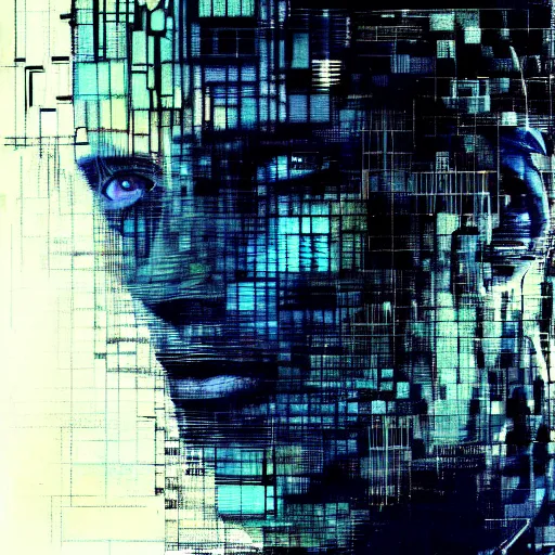 Prompt: hyperrealistic portrait of a mysterious cyberpunk man with cybernetics, by Guy Denning, Johannes Itten, Russ Mills, glitch art, hacking effects, glitch effects, digital tech effects, cybernetics, detailed lines, holographic, chromatic, color blocking!, oil on canvas, octane, concept art, abstract, blue and black, 8k, trending on artstation