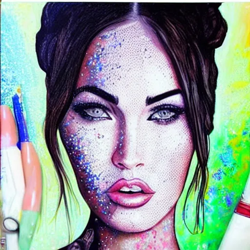 Image similar to “Megan Fox glitter paints paintings, ultra detailed portrait, 4k resolution”