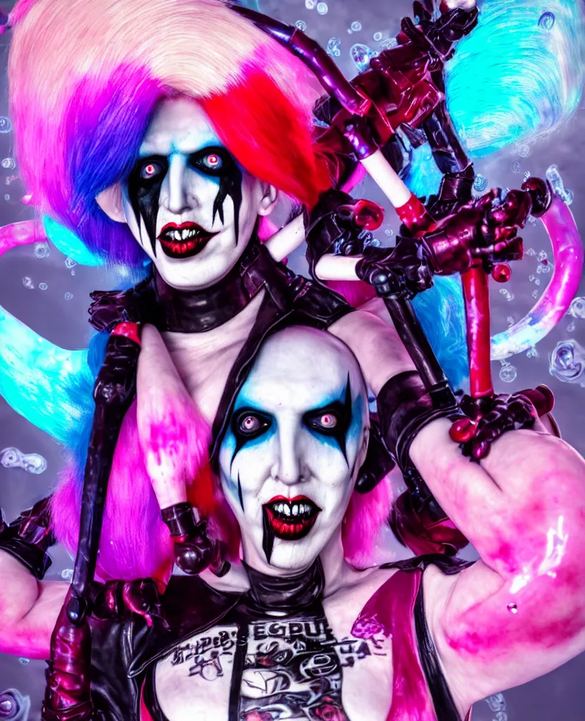 Prompt: Marilyn Manson as Harley Quin (The Suicide Squad), epic angle and pose, symmetrical artwork, 3d with depth of field, blurred background, cybernetic jellyfish female face skull phoenix bird, translucent, nautilus, energy flows of water and fire. a highly detailed epic cinematic concept art CG render. made in Maya, Blender and Photoshop, octane render, excellent composition, cinematic dystopian brutalist atmosphere, dynamic dramatic cinematic lighting, aesthetic, very inspirational, arthouse. y Greg Rutkowski, Ilya Kuvshinov, WLOP, Stanley Artgerm Lau, Ruan Jia and Fenghua Zhong
