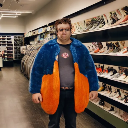 Image similar to a photograph of a man poorly cosplaying as a bear, he is in a shoe store, he is standing in between long store isles, vivid color, 50mm