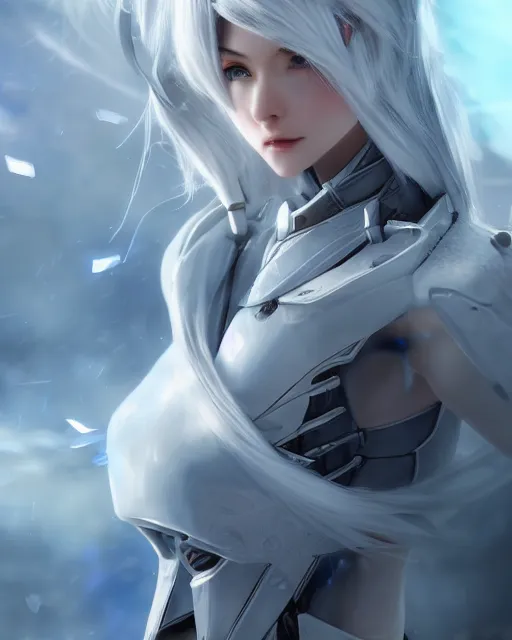 Image similar to perfect white haired girl, warframe armor, beautiful, dreamy, half asian, pretty face, blue eyes, detailed, windy weather, scifi, utopian architecture, laboratory, 4 k, ultra realistic, epic lighting, cinematic, high detail, masterpiece, art by akihito tsukushi, akasuki voidstar