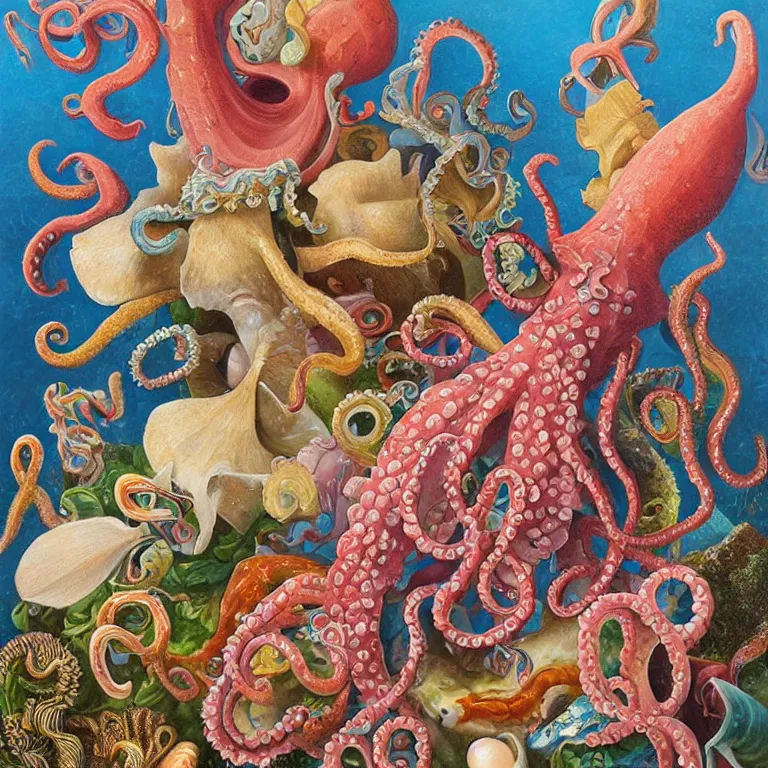 Image similar to kevin sloan painting of crowded still life of octopus tentacle, various colorful fish, seaweed, coral, pearls, shells, conch shell, star fish, seahorse, dutch masters style, insanely detailed