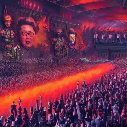 Image similar to full body pose, hyper - realistic photo of kim jong - il on parade in hell volumetric lighting, 8 k, octane perfectly detailed rendering, extremely hyper detailed, intricate, epic composition, cinematic lighting, masterpiece, trending artstation, very highly detailed, stunning, hdr, smooth, sharp focus, high resolution, award winning photo, dslr, 5 0 mm