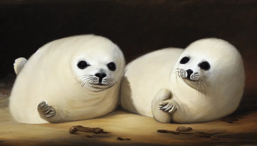 Image similar to highly detailed painting of cute furry white baby seals cuddling up in a big pile of whippy ice cream by william turner, thick brush strokes and visible paint layers, 4 k resolution