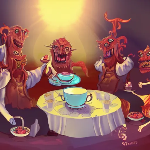 Prompt: a group of demons have a pleasent tea party on a sunny day