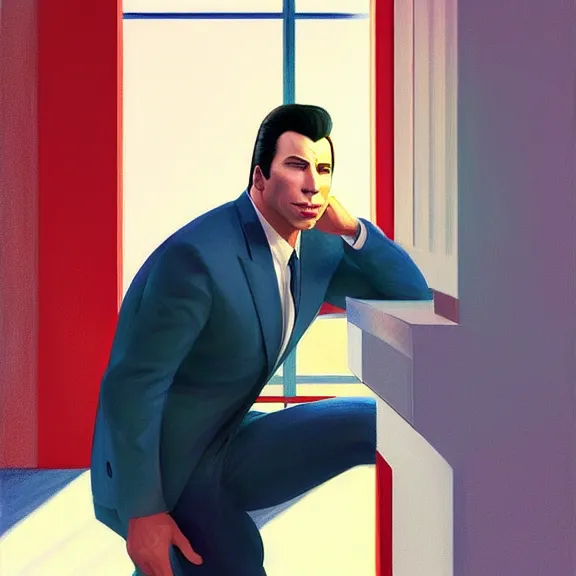 Image similar to beautiful illustration of John Travolta by Edward Hopper, clean lines, very detailed, colorful octane render