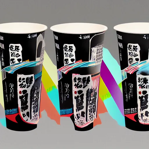 Image similar to cup ramen, packaging designed by robert rauschenberg