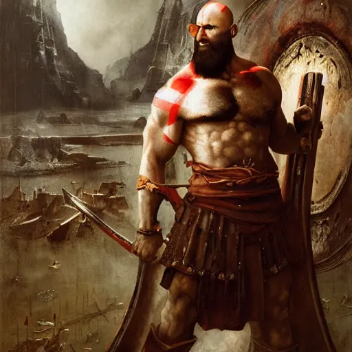 Image similar to painting of kratos in valhalla by hieronymus bosch, greg rutkowski, anna podedworna