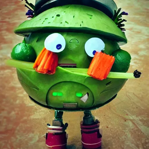 Image similar to little happy robot made of vegetables with big avocado hat and a carrot sword, made in abyss style