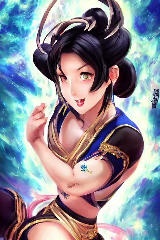 Image similar to beautiful portrait of Chun LI, pretty, semi realistic anime, hyper detailed, 8k, DeviantArt, Instagram, Behance, Artstation, trending on artstation, Pixiv, Pixiv daily ranking, art of silverfox, Yee Chong Silverfox, Sydney Hanson, Mickael Lelièvre, Jaeyeon Nam, derevschikova, Elina Karimova