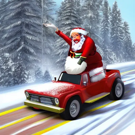 Image similar to Santa Clause driving a rally car he is going fast there is smoke coming from the tires there is snow on the track you can clearly see Santa Clause driving he is fat and jolly, realistic lighting, realistic shadows, highly reflective, photo realistic, hyper realistic