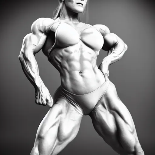 Image similar to photo of bodybuilder woman posing in white peignoir, ultra rendered extreme realism and detail, 8 k, highly detailed, realistic, photorealistic,